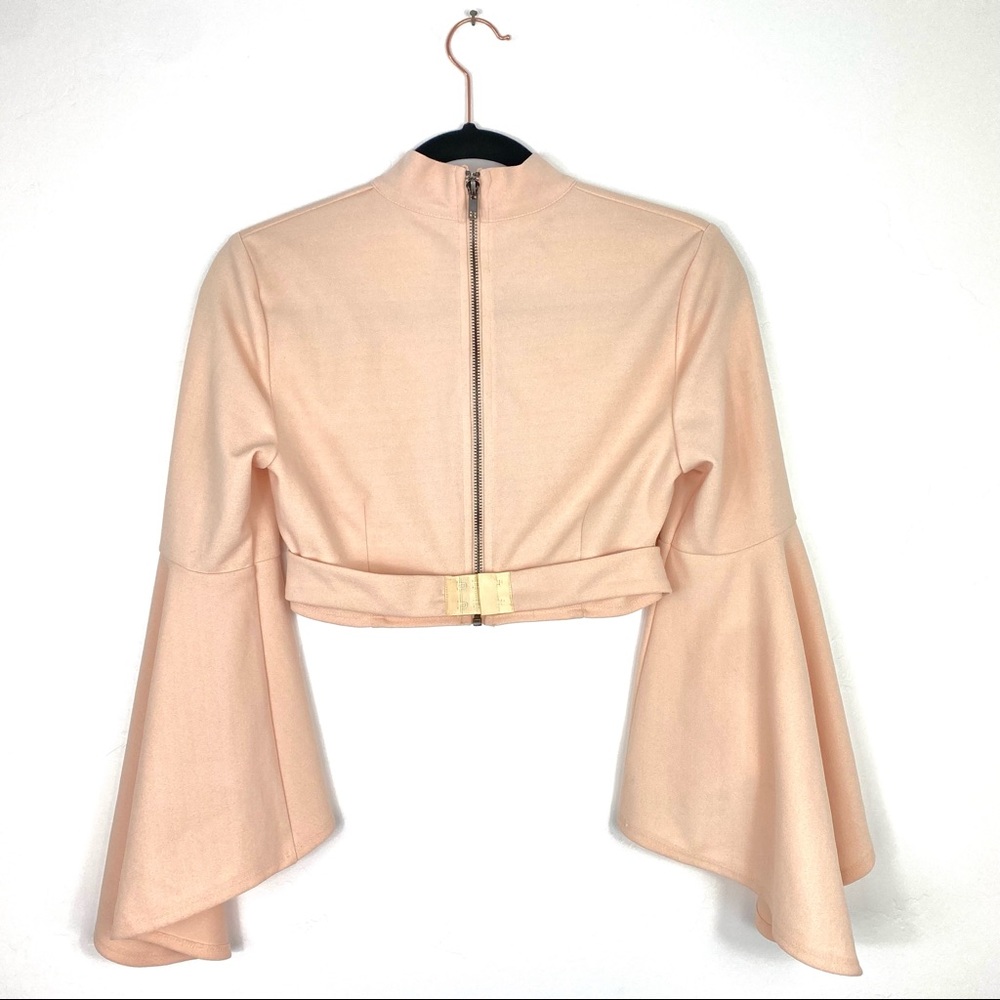 Seek the Label Blush Pink Bell Sleeve Mock Neck Keyhole Full Zip Wrap Crop Top - Picture 2 of 8